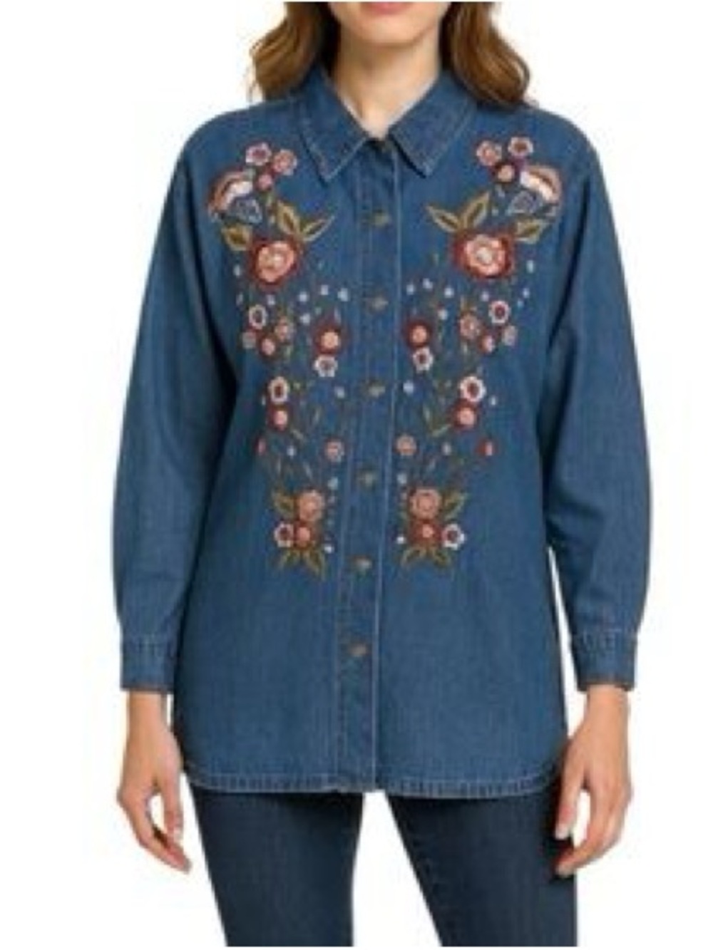 Vintage Embroidered Denim Button-Up Shirt Jacket - Blue with Floral Detail